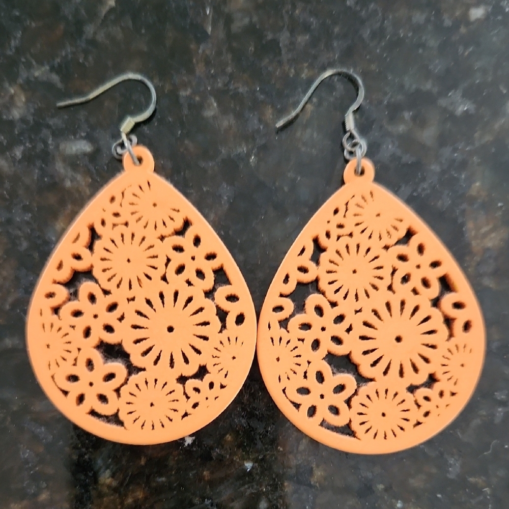 Orange Wood  Floral Teardrop Earrings